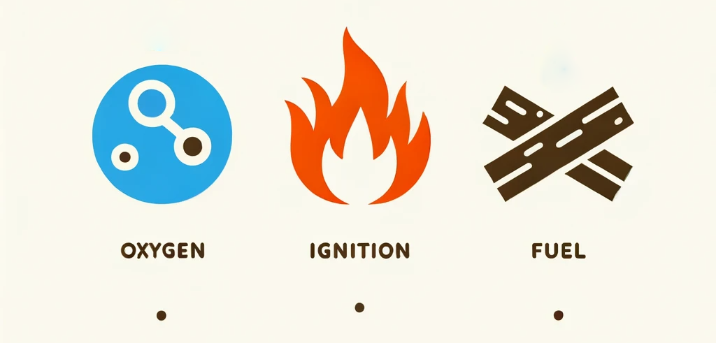 The three elements of the fire triangle: oxygen, ignition and fuel