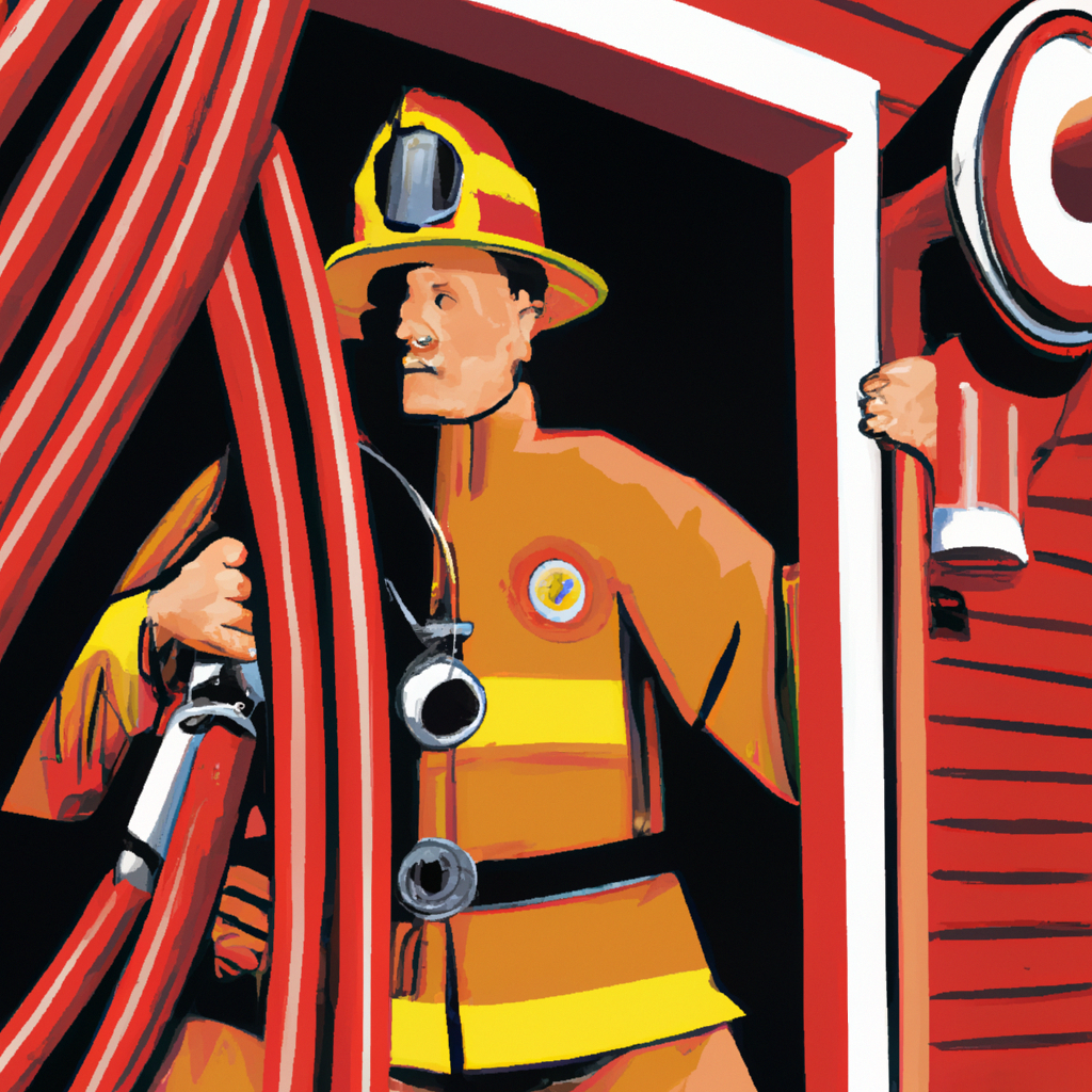 Fireman holding a hose, about to extinguish a fire, digital art.