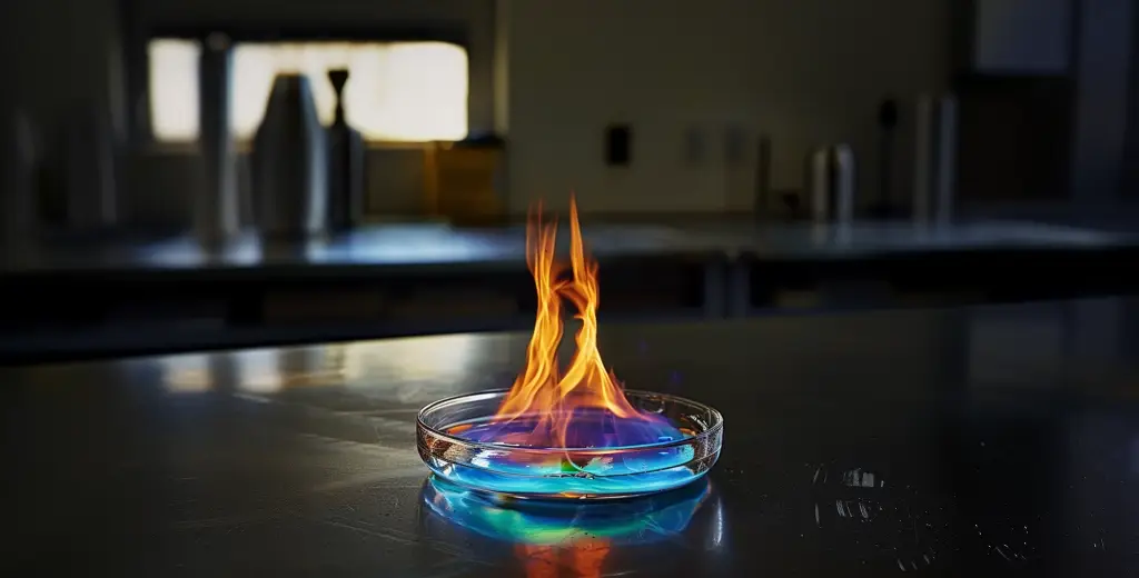Volatile substance burns in petri dish, creating vibrant blue-orange flame.