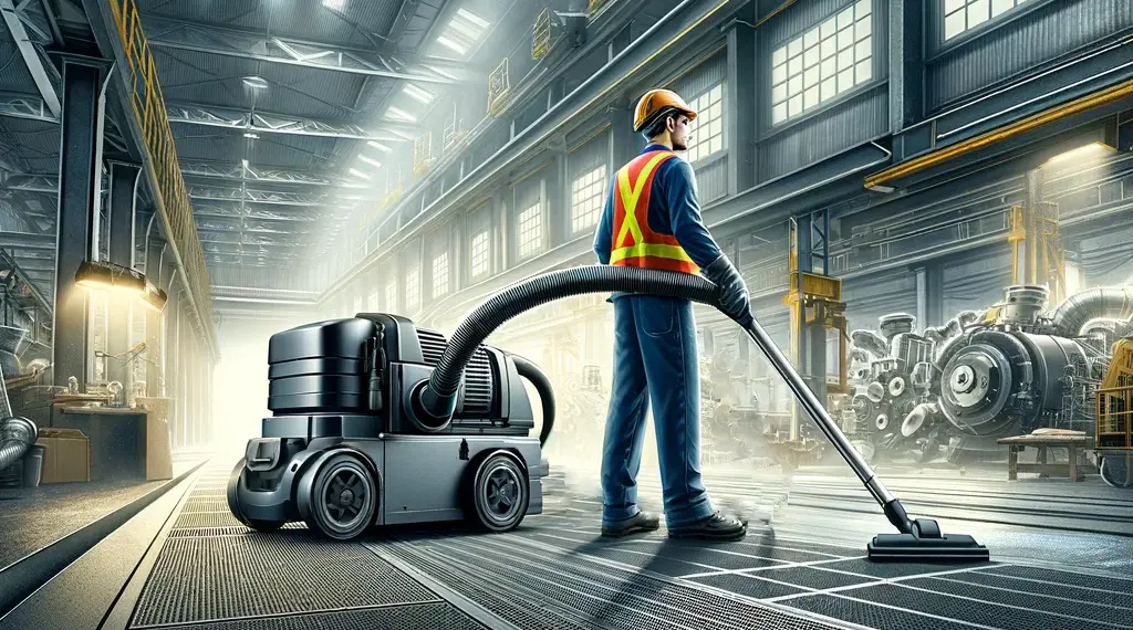 A man vacuum cleaning dusty industrial area. Illustrative purposes only.